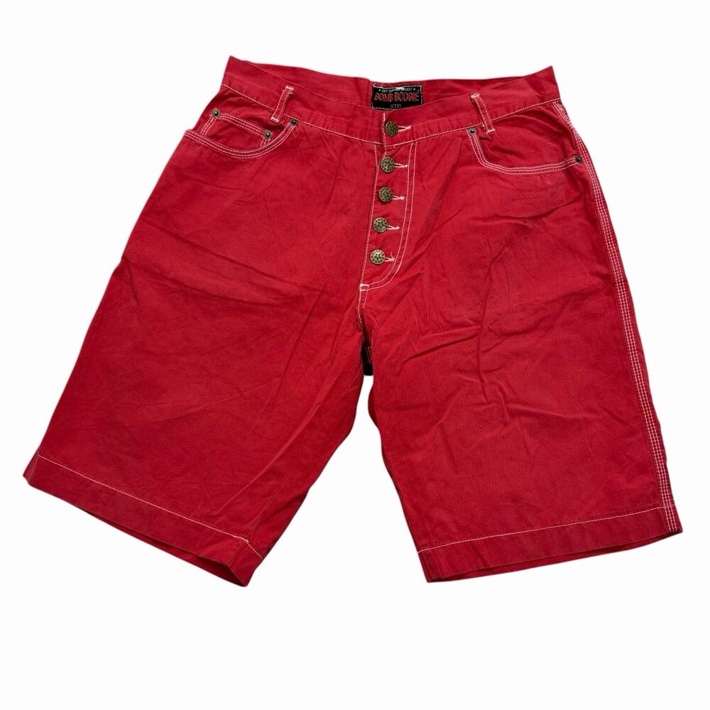 Bomb Boogie Red Button Fly Shorts Mens Sz 30 Distressed Stitch Y2K Streetwear